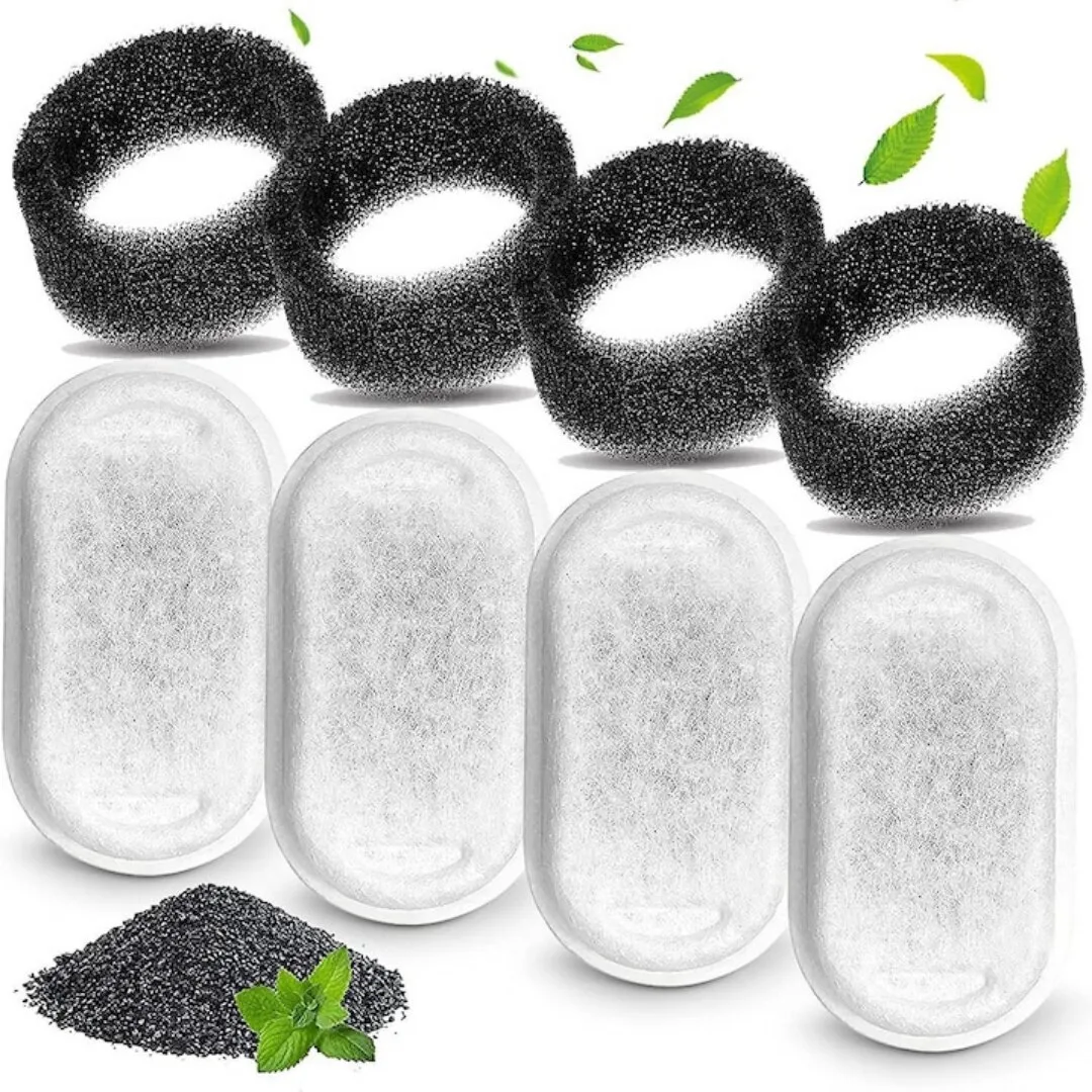 Set 4 filtre Macvi® pentru dispenser de apa automat, design oval, elimina mirosurile si gusturile neplacute, filtrare eficienta pentru caini si pisici, bumbac de calitate
