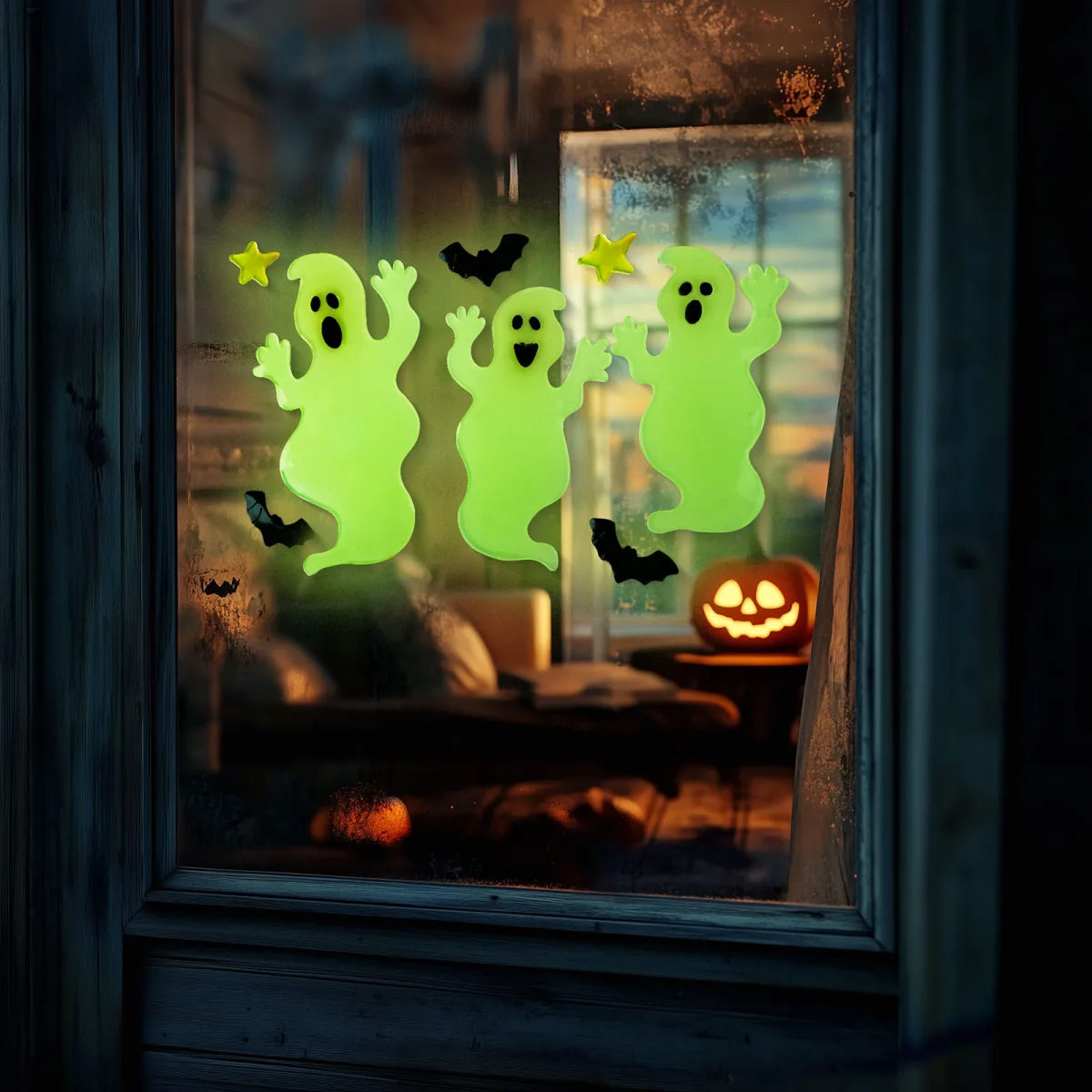 Decor fereastra Halloween, fosforescent, fantoma, liliac, stea, 29x16 cm, autoadeziv, reutilizabil