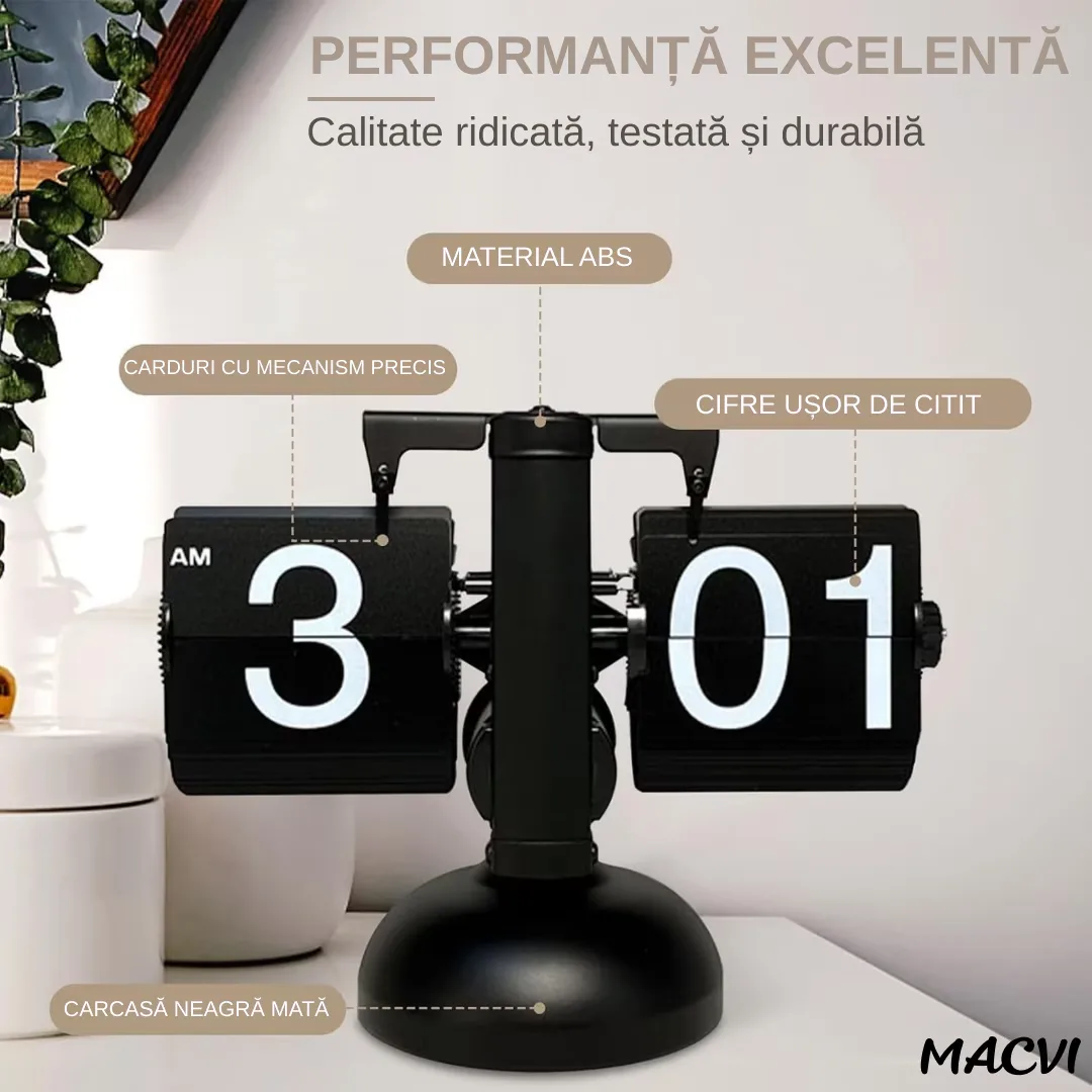 Ceas flip Macvi® retro, numere mari, din otel inoxidabil, alimentat cu baterii, decor pentru living, negru clasic, design vintage, suport de metal - imagine 5