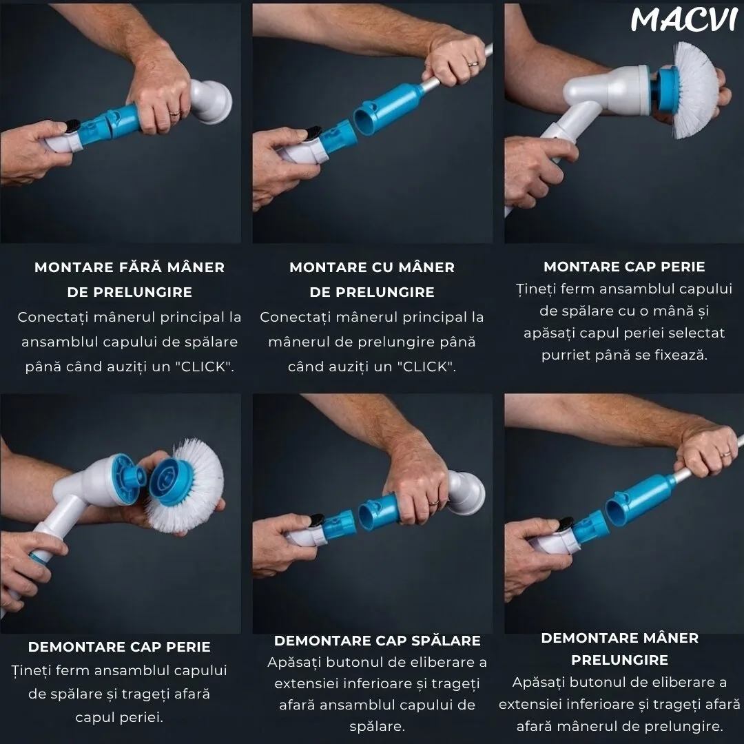 Perie Electrica de Curatare Macvi® cu 3 Capete Intersanjabile, 300 RPM, Acumulator Reincarcabil, Maner Telescopic - Ideala pentru Gresie, Faianta, Cada, Dus - imagine 4