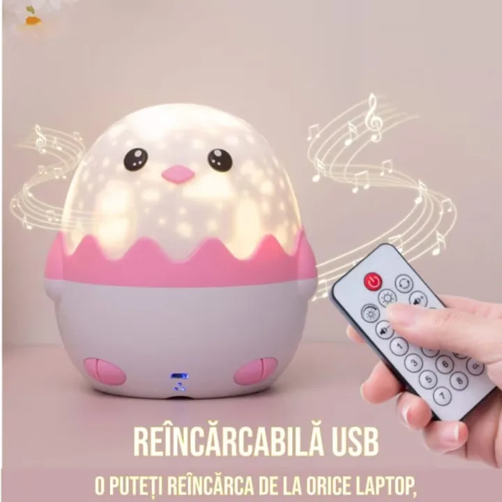 Lampa de veghe Macvi® Pinguin pentru copii, proiectii cu 13 sabloane, efecte sonore, lumini multicolore, telecomanda si incarcare USB, roz - imagine 2