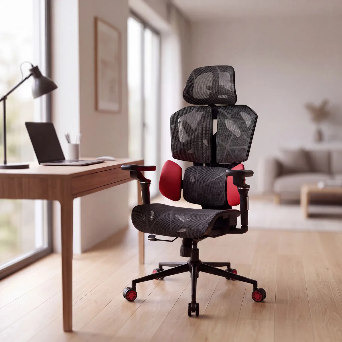 Scaun birou ergonomic TitanMesh Pro, spatar mesh, cotiere 5D, perne laterale, rosu, 110 kg - imagine 3