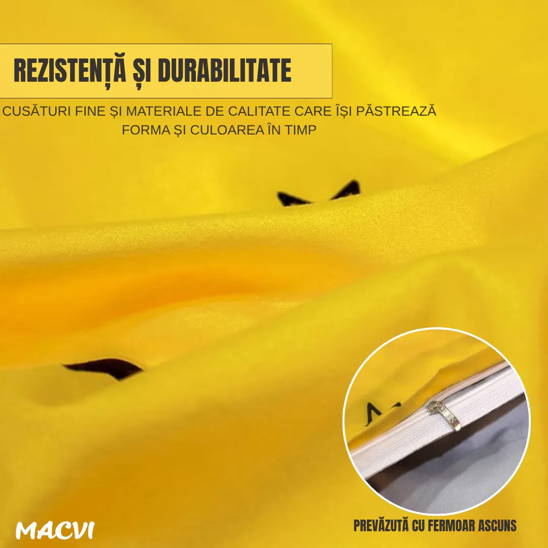 Lenjerie de pat Macvi®, bumbac gros finet, 2 persoane, 4 piese, galben, potrivita pentru saltele 180x220 - 200x230 - imagine 5