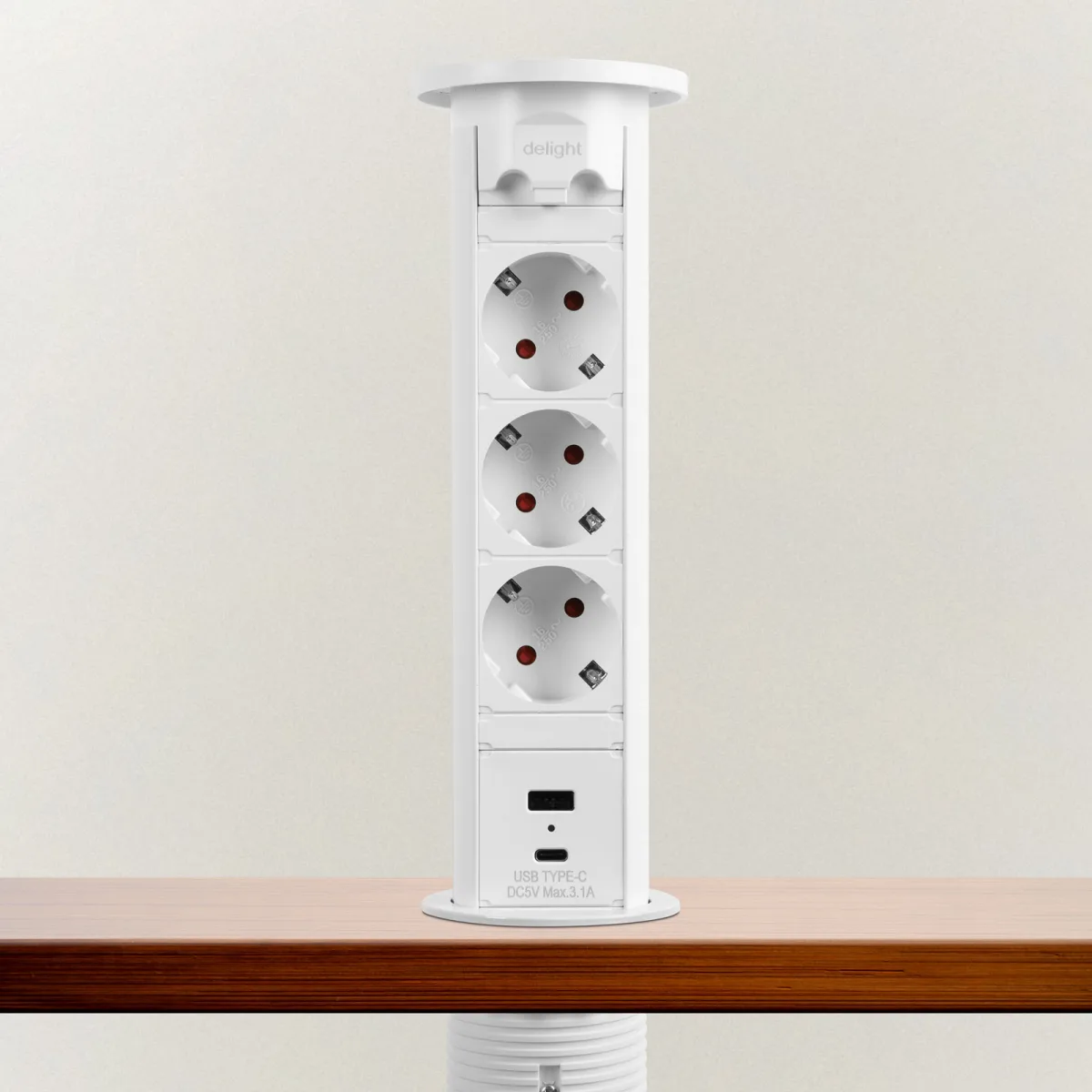 Priza retractabila electrica cu motor, 3 prize Schuko, 2x USB, 16A, alb
