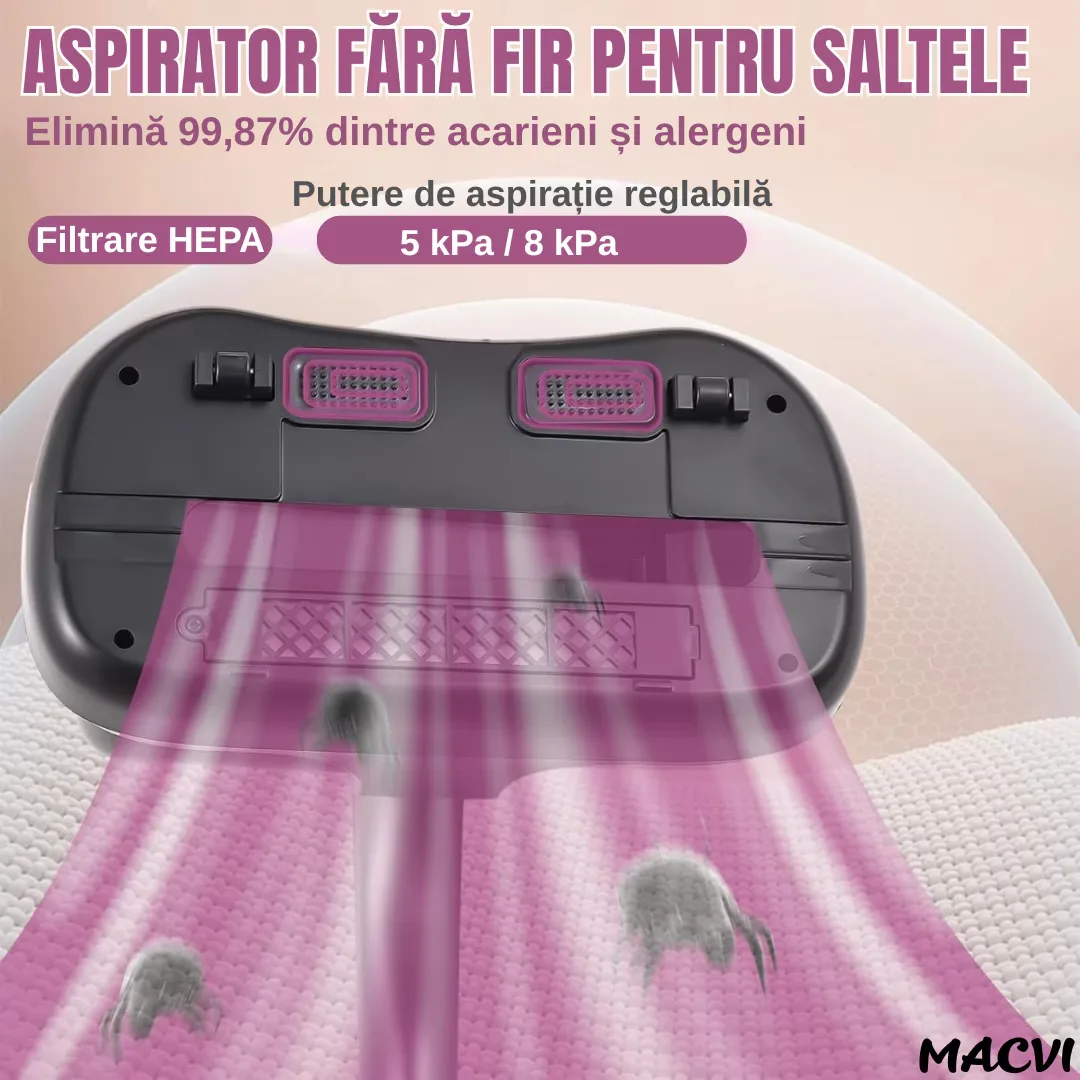 Aspirator Antiacarieni Macvi®, 8000 Pa, Fara Fir, Filtru HEPA, Baterie 3600 mAh, UVC, Rezervor 500 ml, Curatare Pat, Canapea si Covoare - imagine 5