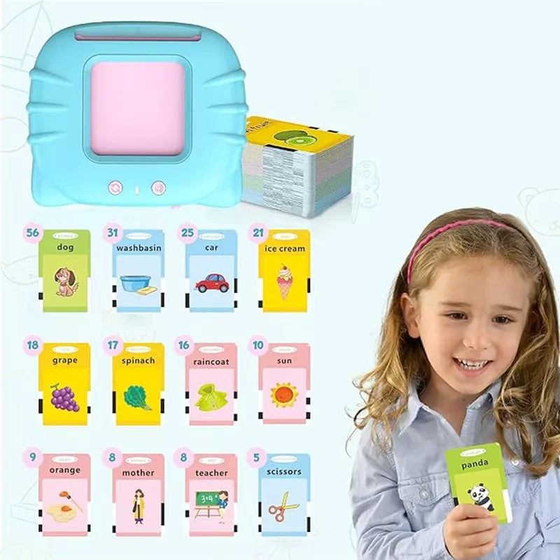 Jucarie educativa Montessori Macvi® masina de invatare limba engleza cu cititor carduri flash 112 carduri 224 cuvinte sunete interactive incarcare MicroUSB albastru 2 ani+ - imagine 5