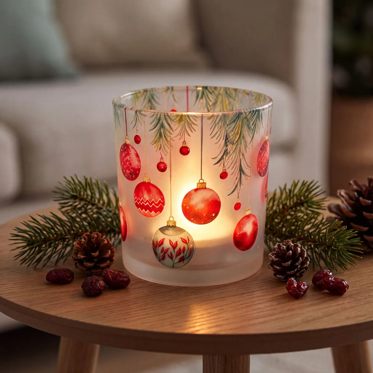 Suport lumanare de Craciun din sticla, pentru pastila tealight, 8 x 7 cm, 2 modele