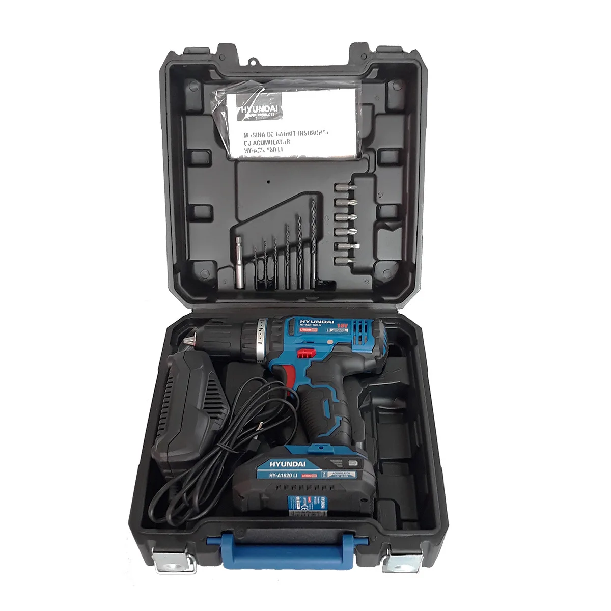 Masina de gaurit si insurubat cu acumulator 18V Hyundai ASR 180 Li, 1 acumulator x 2.0 Ah, incarcator, 2 trepte de viteza, 6 biti, 6 burghie, adaptor magnetic, valiza transport - imagine 2