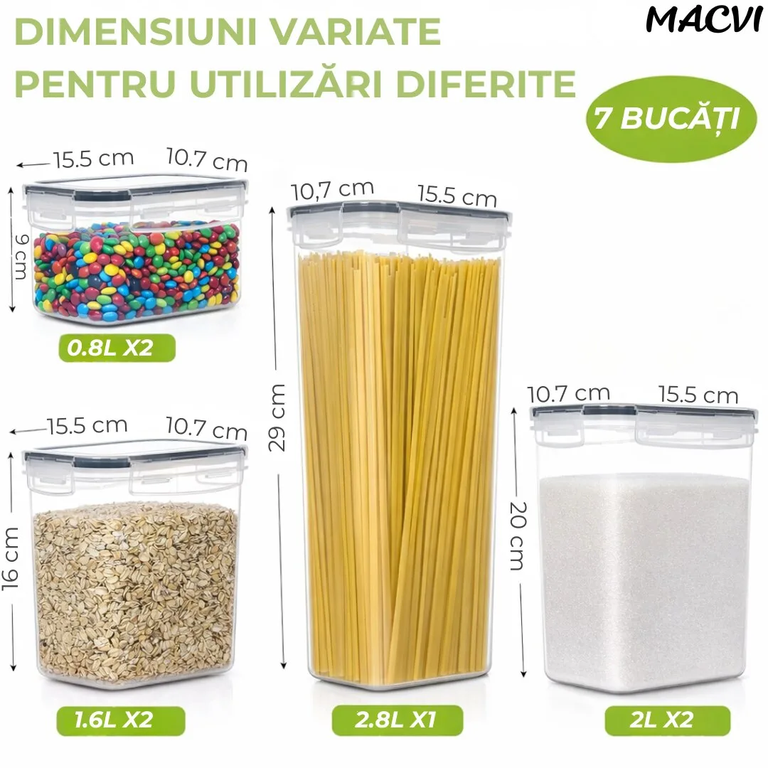 Set 7 organizatoare/recipiente Macvi® pentru depozitare alimente, etichete incluse, organizare bucatarie, capac etans, plastic fara BPA - imagine 2