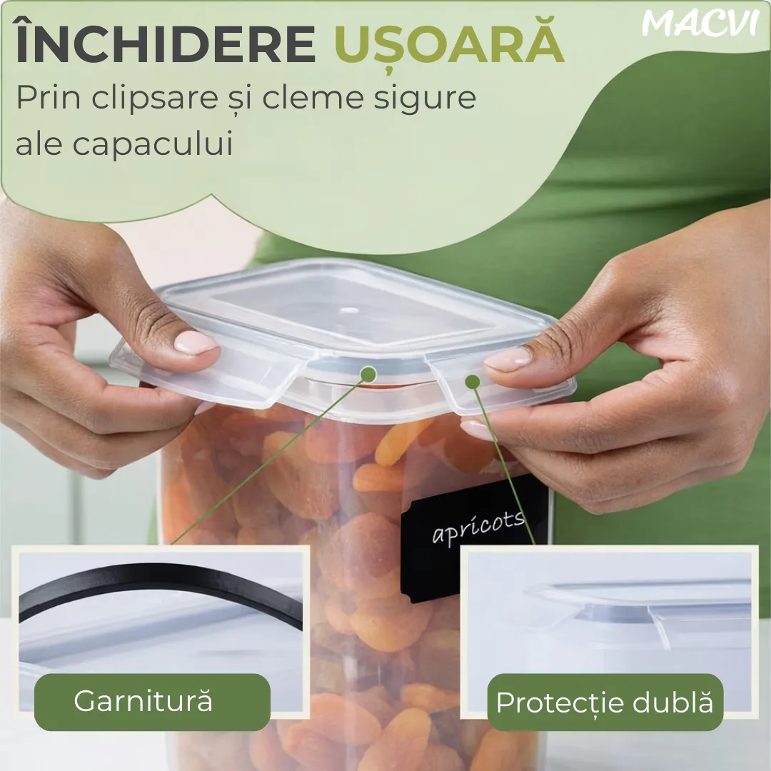 Set 28 organizatoare/recipiente Macvi® pentru depozitare alimentara, etanse, design minimalist, fara BPA, stocabile, cu etichete si lingurite incluse - imagine 5
