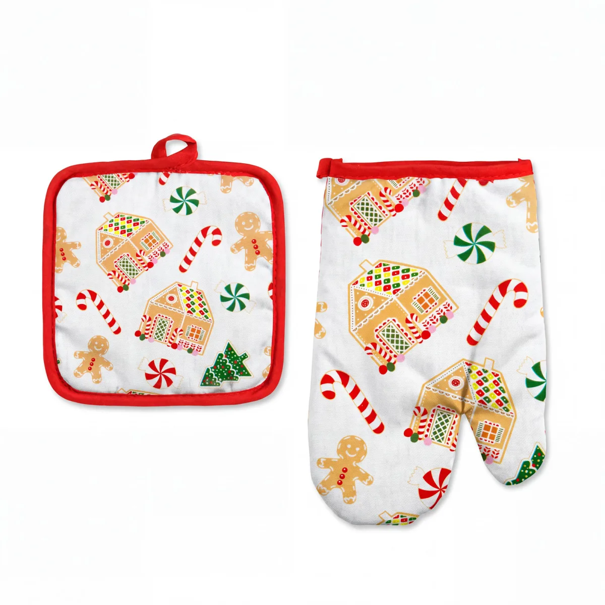 Set manusa si prosopel de bucatarie, model turta dulce de Craciun, textil, 2 piese