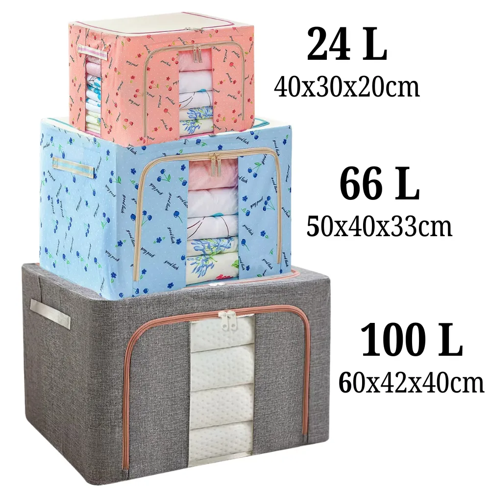 Organizator depozitare Macvi® 100 litri, cutie textila pliabila cu capac si fermoar, panou transparent pentru vizualizare si cadru metalic robust, ideala pentru haine voluminoase si depozitare - imagine 4