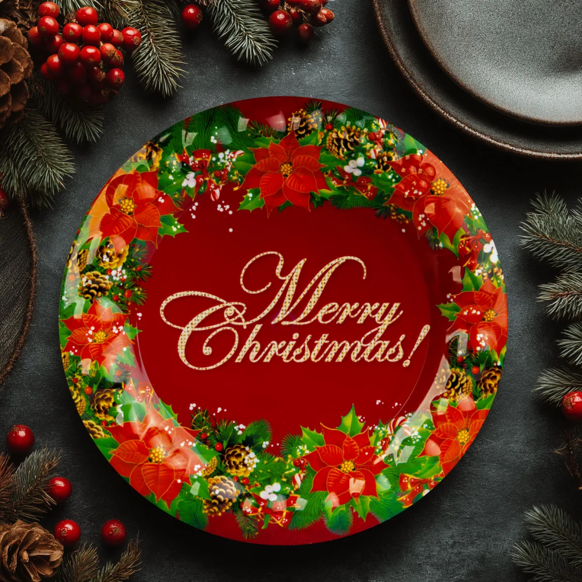 Farfurie de Craciun, plastic, „Merry Christmas”, 37,5 cm - imagine 3