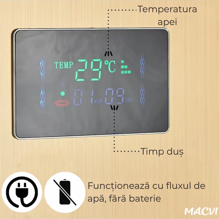 Panou dus Macvi® hidromasaj 5 functii LED digital inox auriu satin 120 cm, afisaj temperatura anticalcar dus tip ploaie cascada, para mobila, jeturi masaj baie, premium - imagine 4