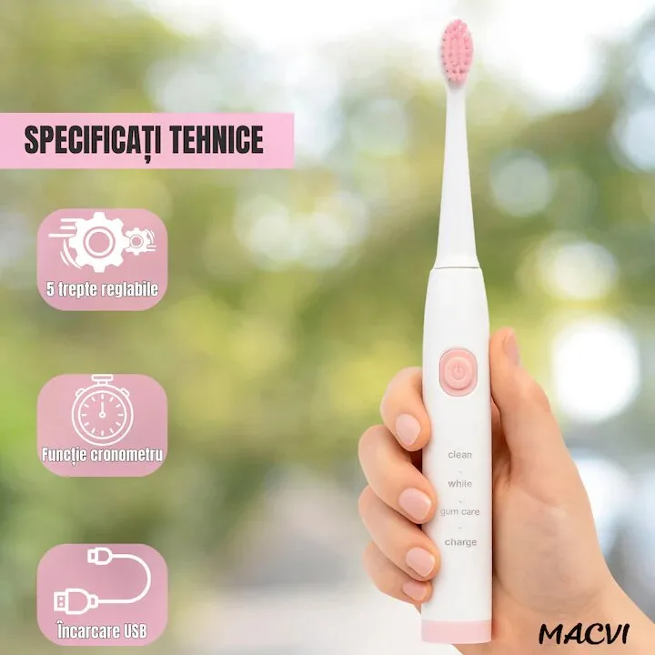 Periuta de dinti electrica Macvi®V-801, 5 trepte viteza, 3 programe de curatare, albire, ingrijire medicala, functie memorare, autonomie 36h, rezistenta la apa IPX7, Alb/Roz - imagine 4