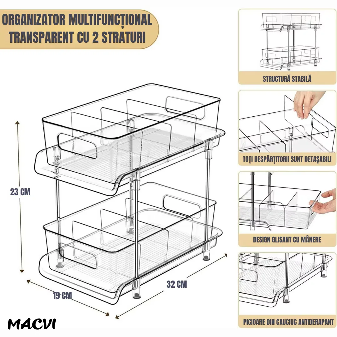 Organizator frigider Macvi® slide-out 2 nivele, transparent, sertare glisante, separatoare detasabile, 33x23x19 cm - imagine 2
