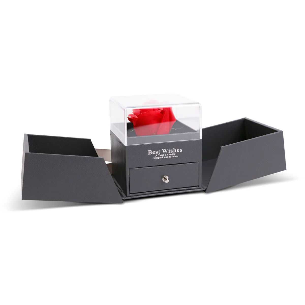 Trandafir etern in cutie cadou cu colier 10cm, trandafir artificial rosu cu pandantiv inima pentru cadou romantic