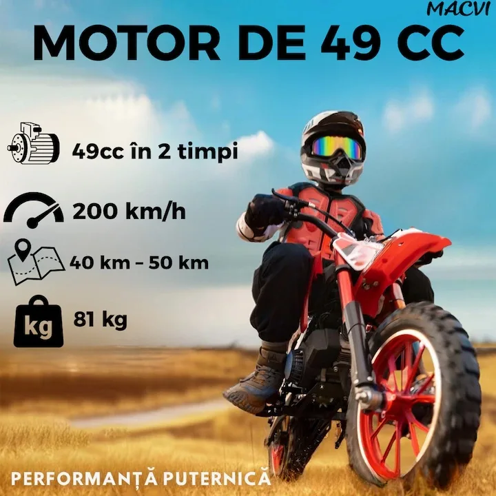 Motocicleta cross Macvi® pentru copii 49cc cu roti groase pornire usoara si motor pe benzina ideala pentru off road, Rosu - imagine 5