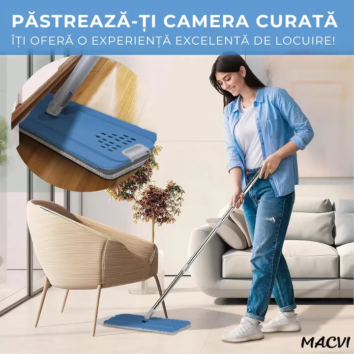 Set curatare Macvi® cu mop plat si galeata cu sistem de stoarcere, scurgere cu dop, coada telescopica si 2 lavete microfibra rezerva - imagine 3