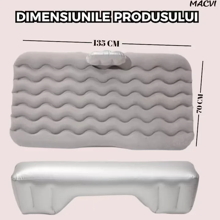 Saltea Gonflabila Auto Macvi® cu Perne si Suport de Echilibru, Ideala pentru Bancheta din Spate, Camping, Calatorii si Relaxare, Gri - imagine 4