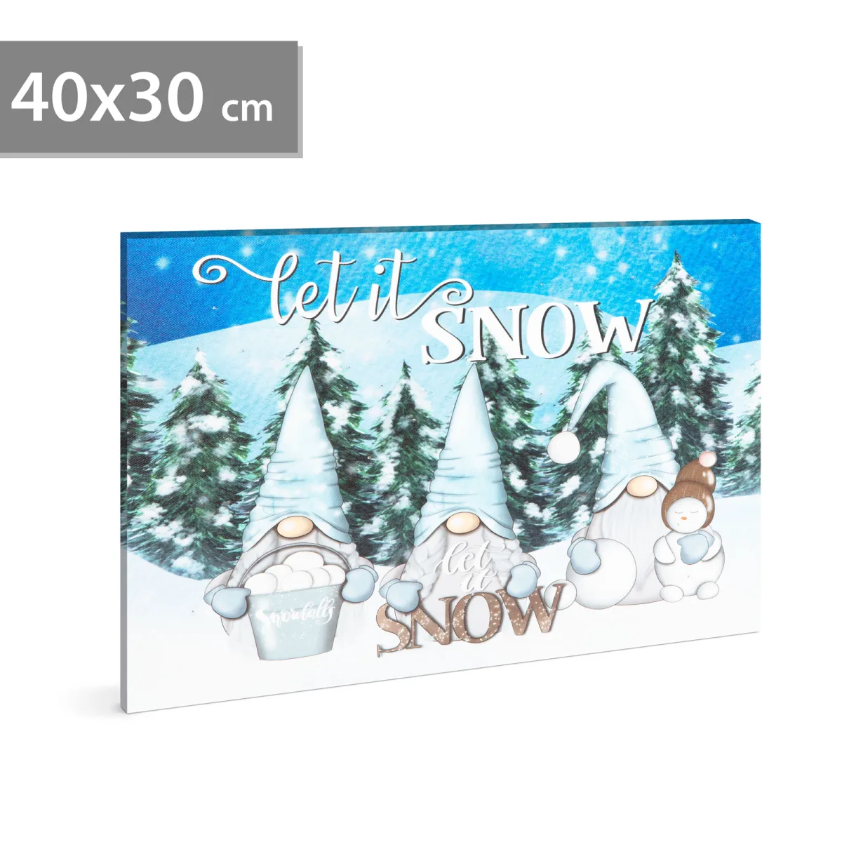 Tablou LED Craciun Let it snow 40 x 30 cm, decor perete cu lumina alb rece, baterii 2 x AA
