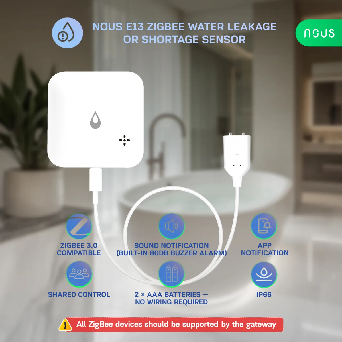 Senzor smart NOUS E13, Zigbee 3.0, detectie scurgeri si lipsa apa, alarma locala, notificari mobile, IP66, alimentare baterii - imagine 2