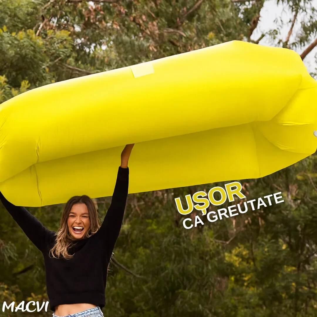 Saltea gonflabila tip sezlong Lazybag Macvi®, material rezistent, umflare fara pompa, pentru plaja/picnic/camping, rucsac de depozitare, 190 x 70 cm, Galben - imagine 4