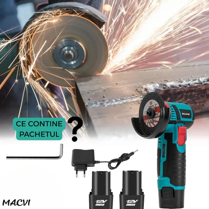 Polizor unghiular fara fir Macvi® 12V, 2 Acumulatori Li-Ion, Discuri pentru Metal, Incarcator Inclus, Mini Flex Portabil - imagine 2