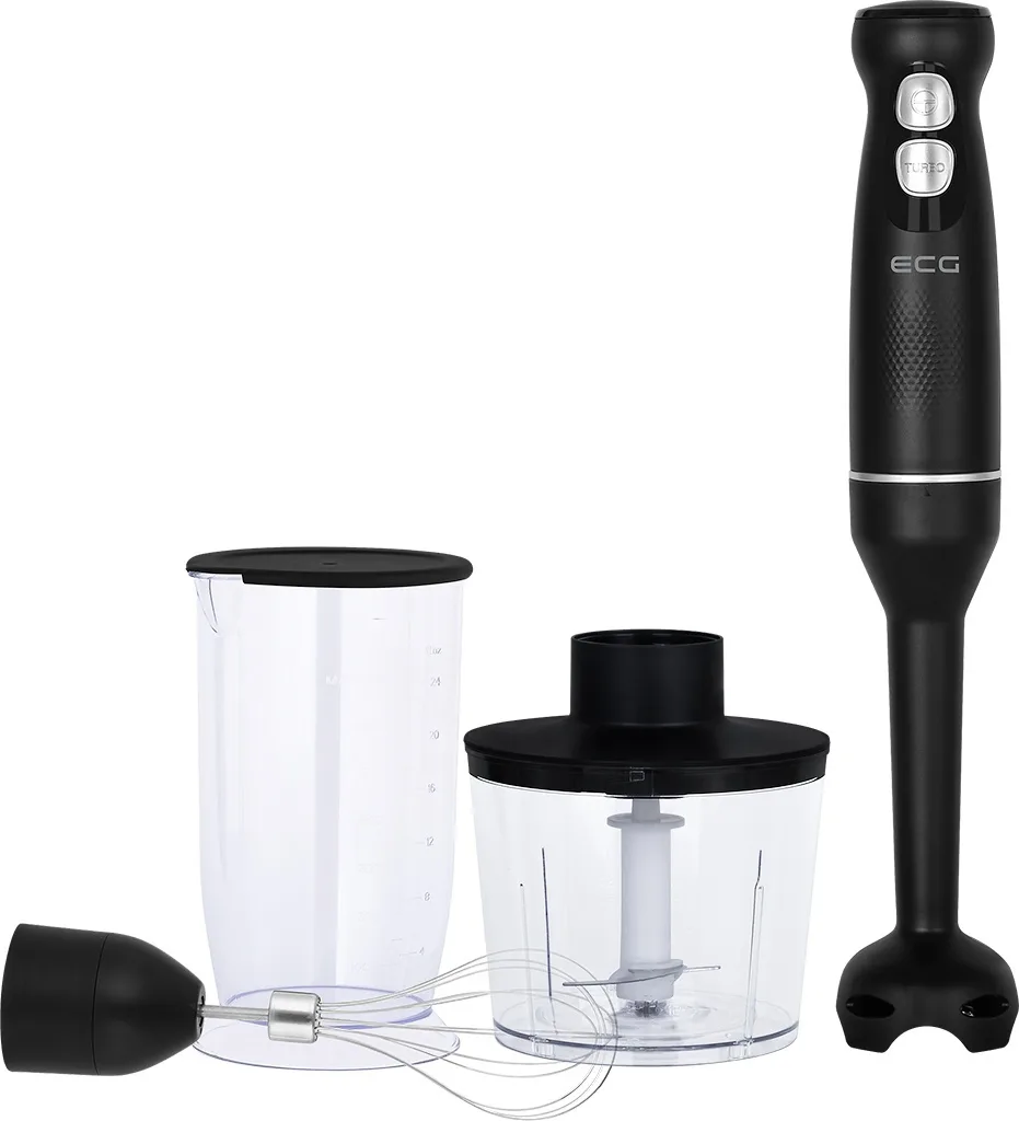 Blender de mana ECG RM 100 Max Black, 400 W, functie TURBO, tel, recipient tocator 500 ml, lame din otel inoxidabil