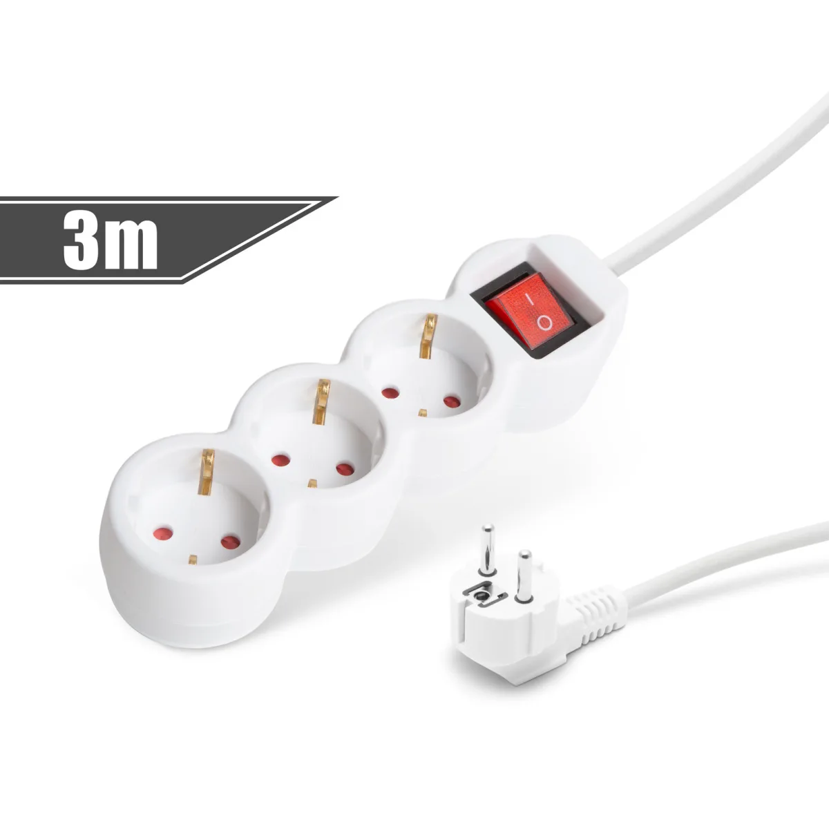 Prelungitor 3 prize Schuko, 3m, cu intrerupator, 16A, protectie copii, alb