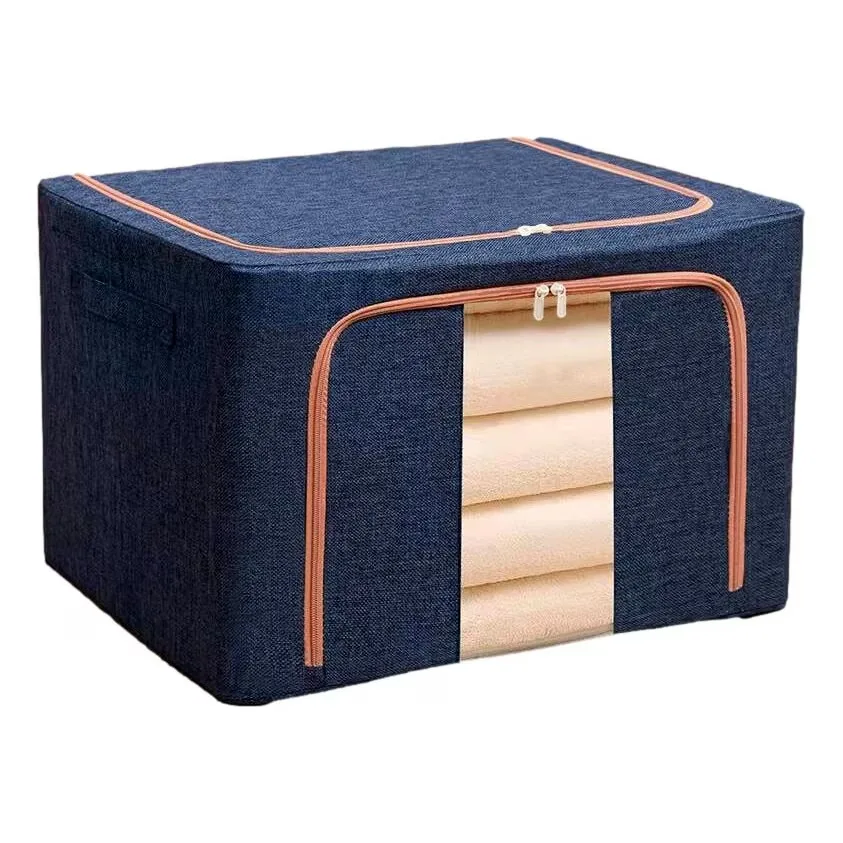 Organizator depozitare Macvi® 100 litri, cutie textila pliabila cu capac si fermoar, panou transparent pentru vizualizare si cadru metalic robust, ideala pentru haine voluminoase si depozitare