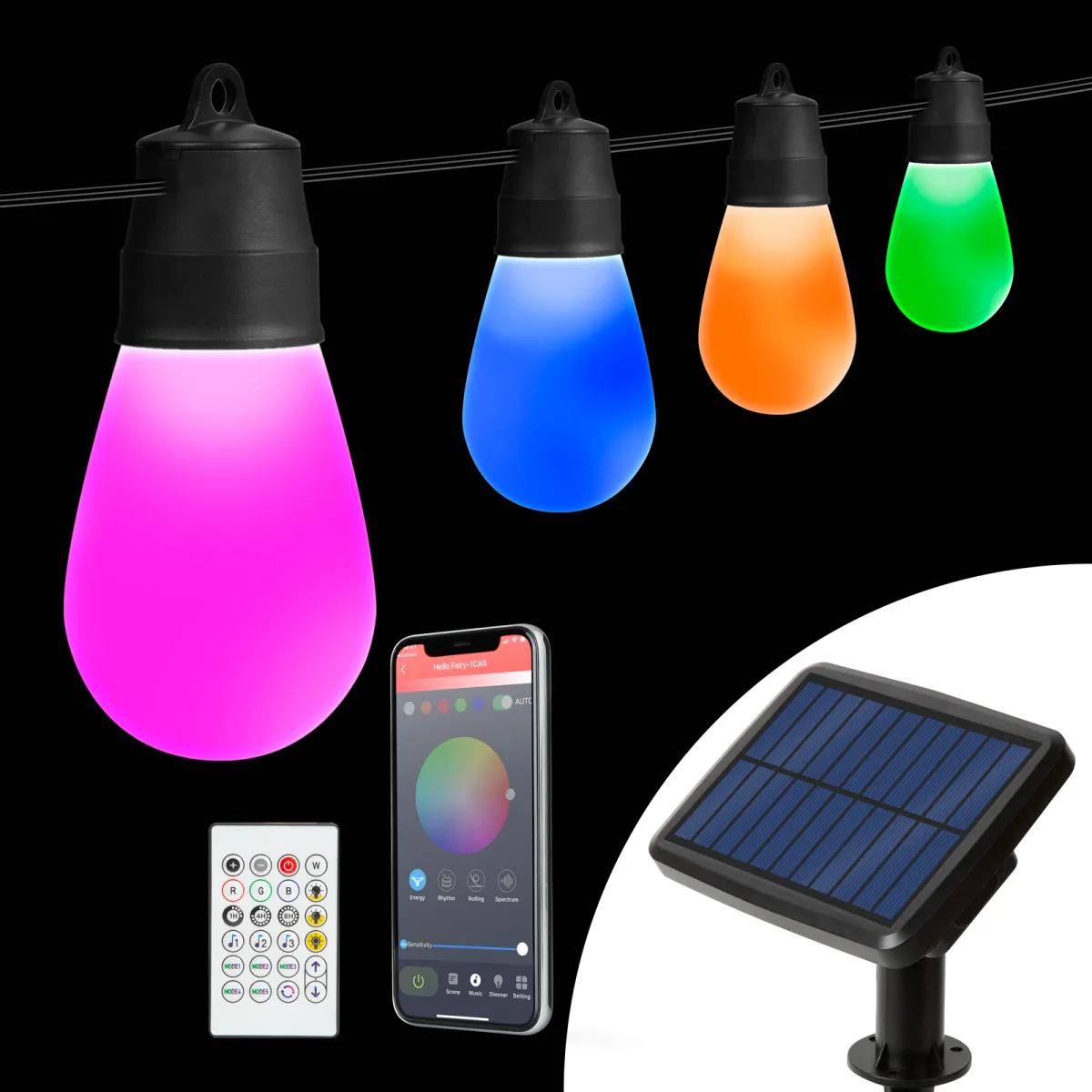 Sir luminos solar inteligent RGBIC 15 LED, 6.5 m, Bluetooth, iluminat decorativ exterior IP65