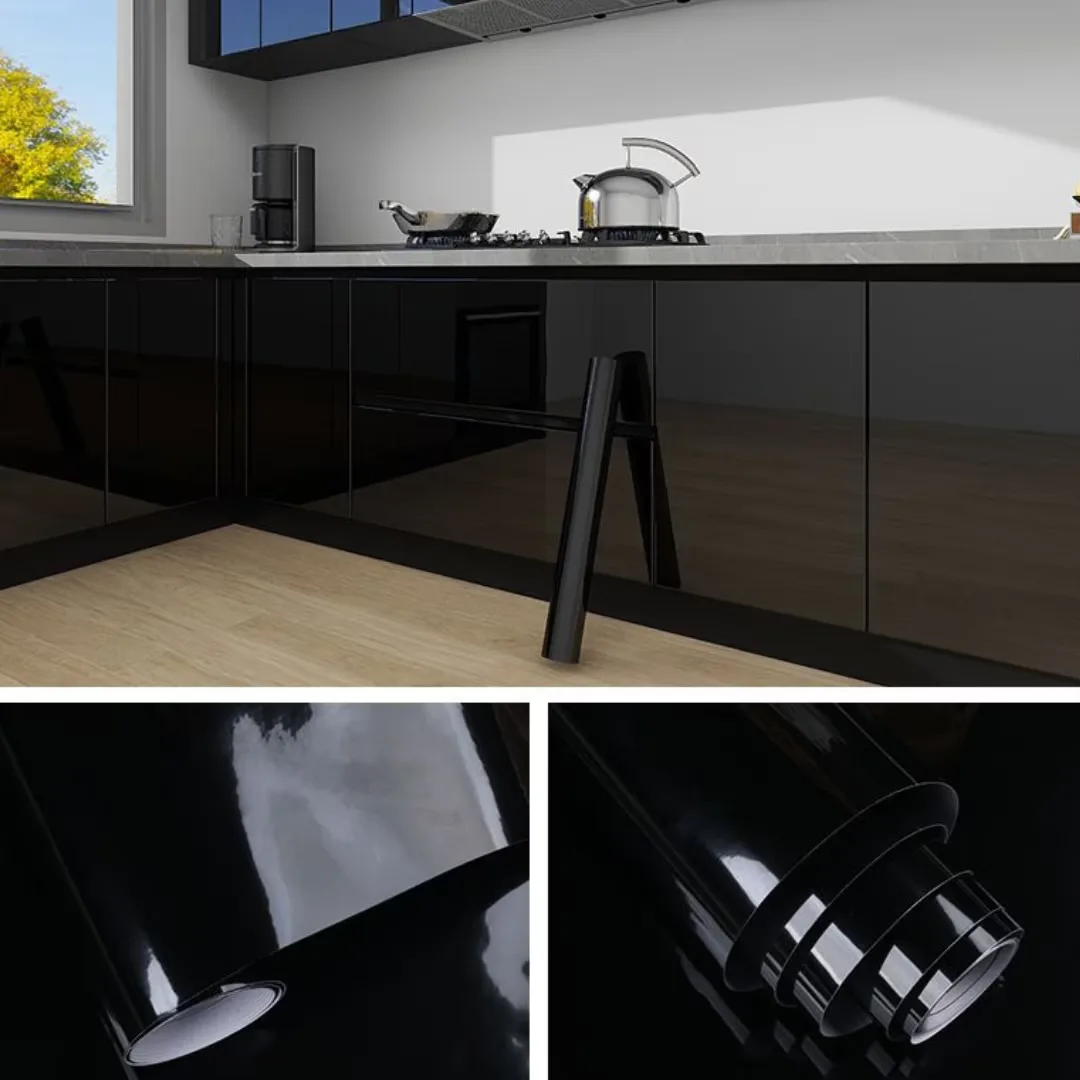 Folie Autoadeziva Neagra Macvi® Rezistenta la Caldura 10 m x 60 cm, Impermeabila si Anti-Ulei, Tip Rola, Pentru Bucatarie si Mobilier, Finisaj Lucios - imagine 2