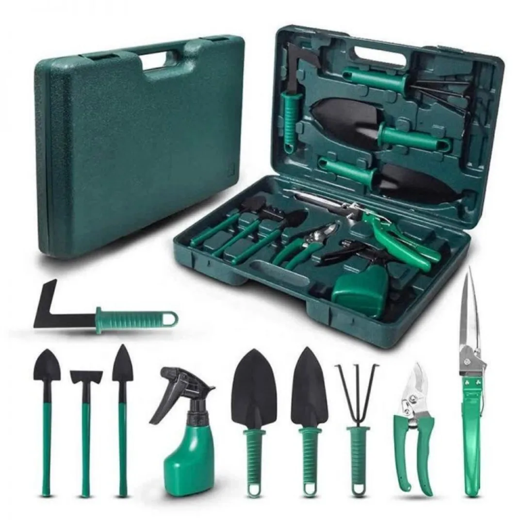 Set accesorii gradinarit Macvi® 10 piese, unelte din inox si plastic, foarfeca, lopata, pulverizator, geanta inclusa