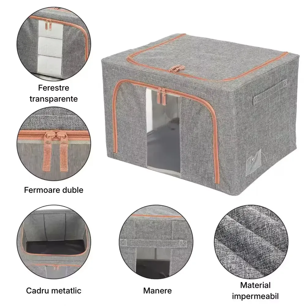 Cutie depozitare Macvi® 66L pliabila din material textil cu fermoar, fereastra transparenta si cadru metalic, organizator incapator pentru haine si articole casnice - imagine 3