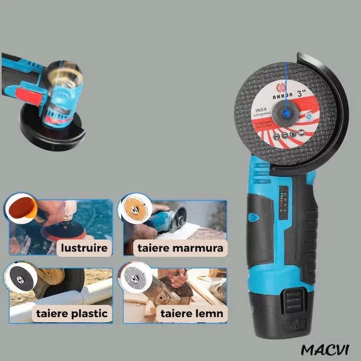 Polizor unghiular fara fir Macvi® 12V, 2 Acumulatori Li-Ion, Discuri pentru Metal, Incarcator Inclus, Mini Flex Portabil - imagine 3