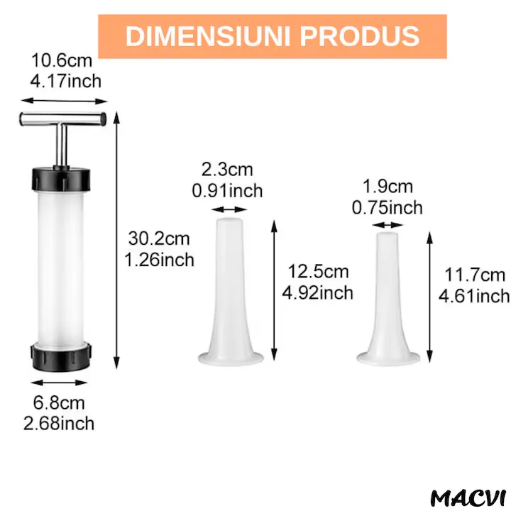 Aparat manual pentru umplut carnati, Macvi®, inox/plastic, 0.5 kg, 2 tuburi de umplere, alb - imagine 2
