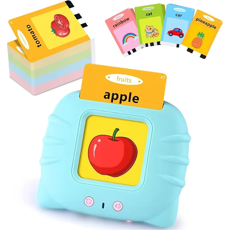 Jucarie educativa Montessori Macvi® masina de invatare limba engleza cu cititor carduri flash 112 carduri 224 cuvinte sunete interactive incarcare MicroUSB albastru 2 ani+