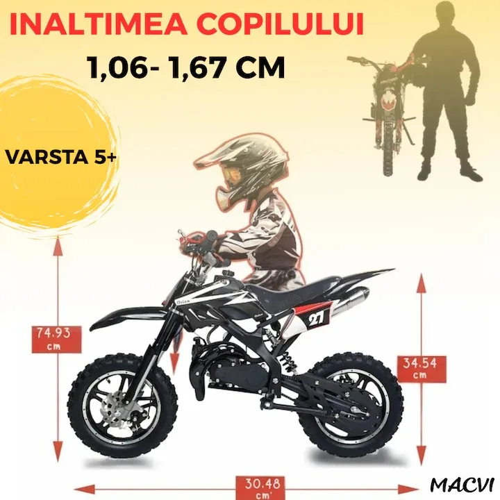 Motocicleta cross Macvi® pentru copii 49cc cu roti groase pornire usoara si motor pe benzina ideala pentru off road, Negru - imagine 4