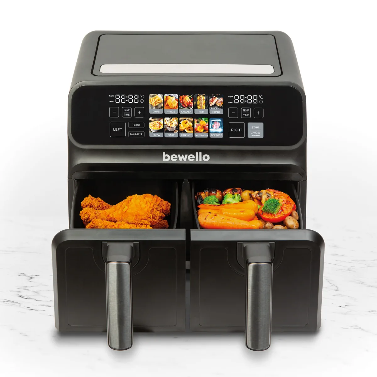 Air fryer XXL 8L cu 2 cosuri 4+4L, 2200W, ecran touch, fara ulei, negru, pentru gatit sanatos - imagine 2