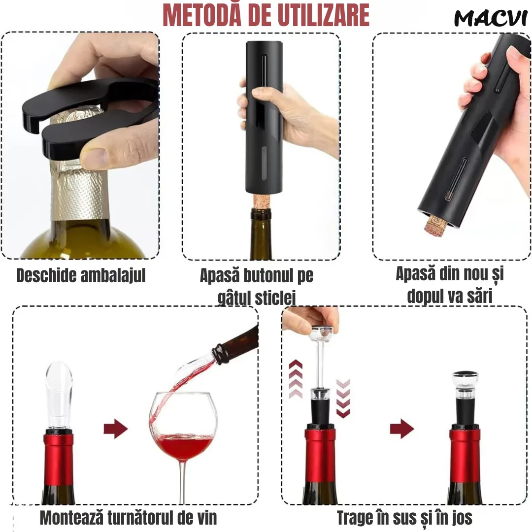 Set Electric Macvi® Deschizator de Vin 5-in-1, Cu Incarcare USB, Foil Cutter, Aerator, Dop Vacuum, Negru, Design Elegant si Portabil - imagine 5