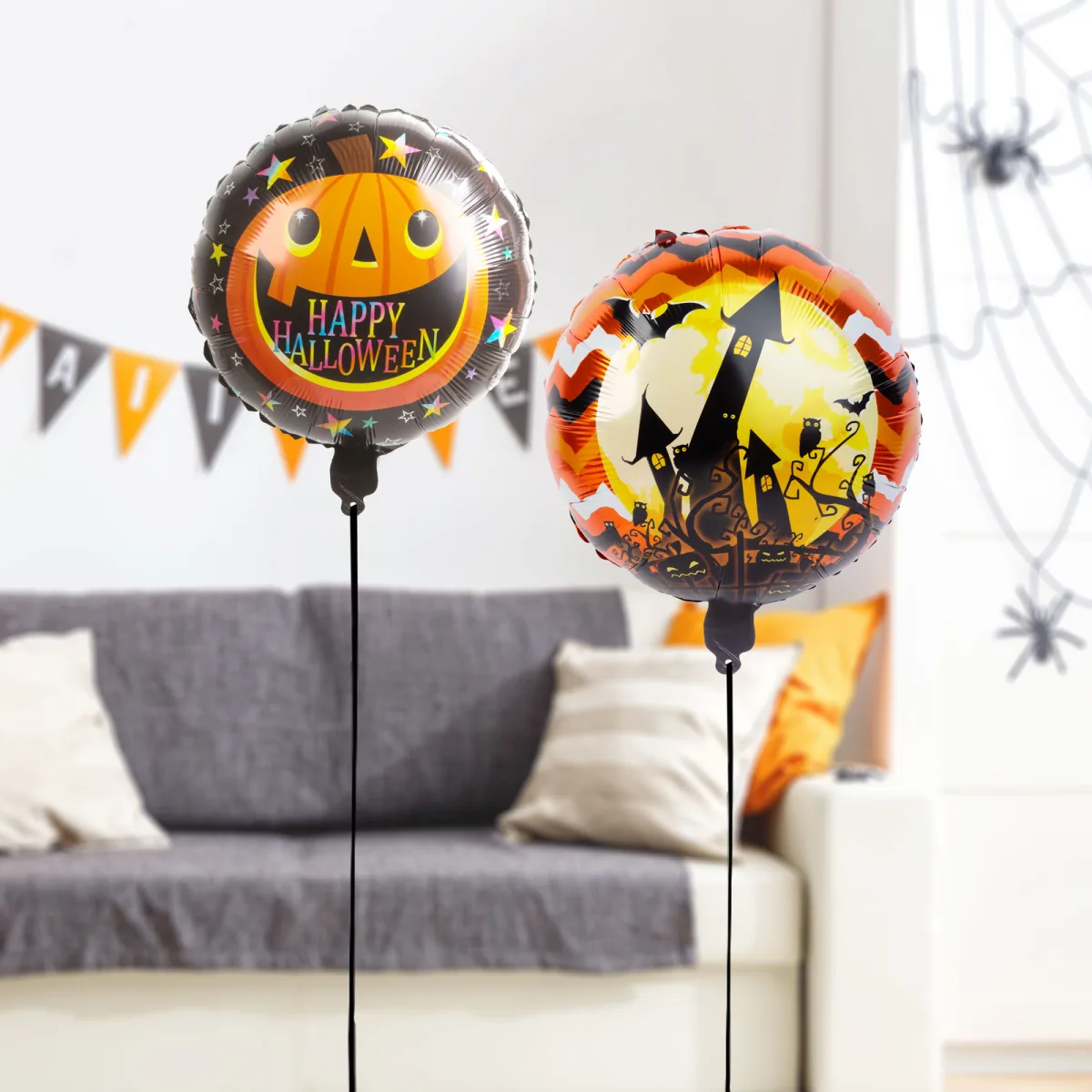 Set baloane Halloween folie dovleac si castel, 2 buc, 45 cm, umplere aer sau heliu