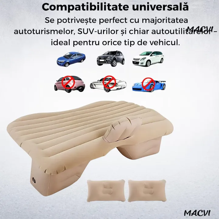Saltea Gonflabila Auto Macvi® cu Perne si Suport de Echilibru, Ideala pentru Bancheta din Spate, Camping, Calatorii si Relaxare, Bej - imagine 4