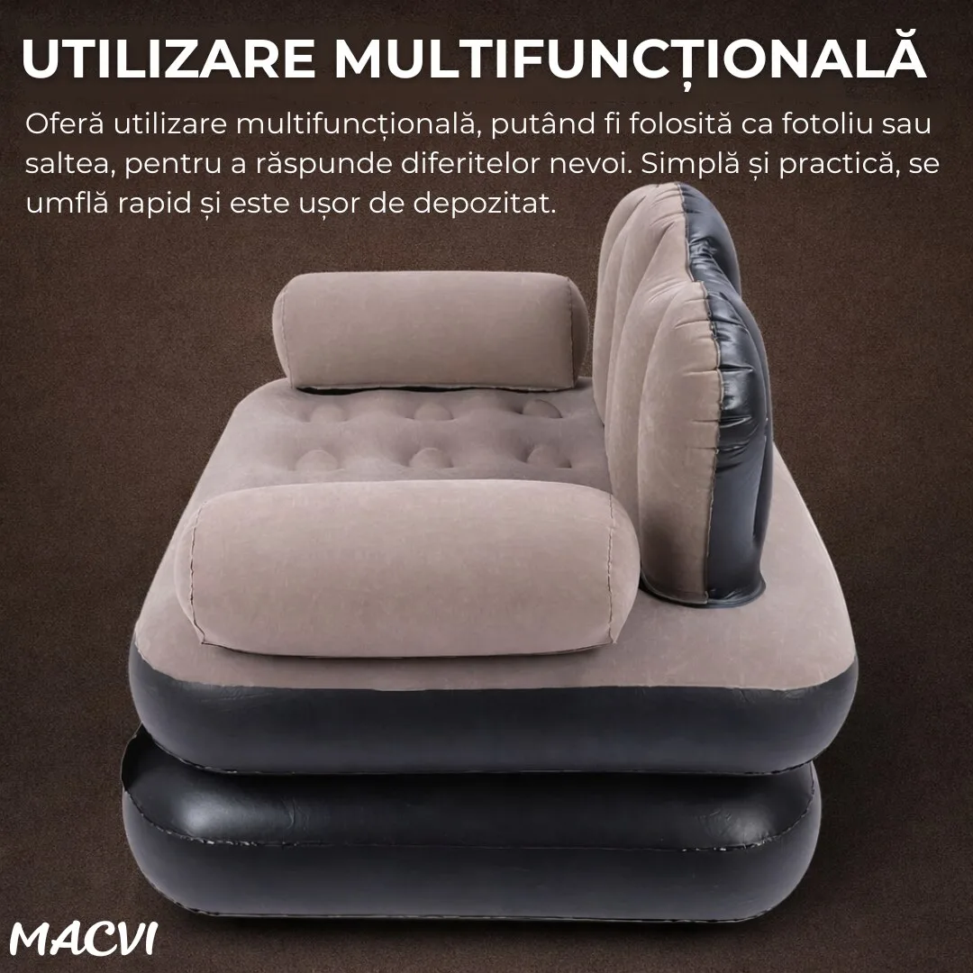 Fotoliu Gonflabil Macvi® XL 2 in 1 Portabil Pentru Interior, Exterior, Camping sau Plaja, Design Ergonomic, 100x88x90 cm, Maro - imagine 3