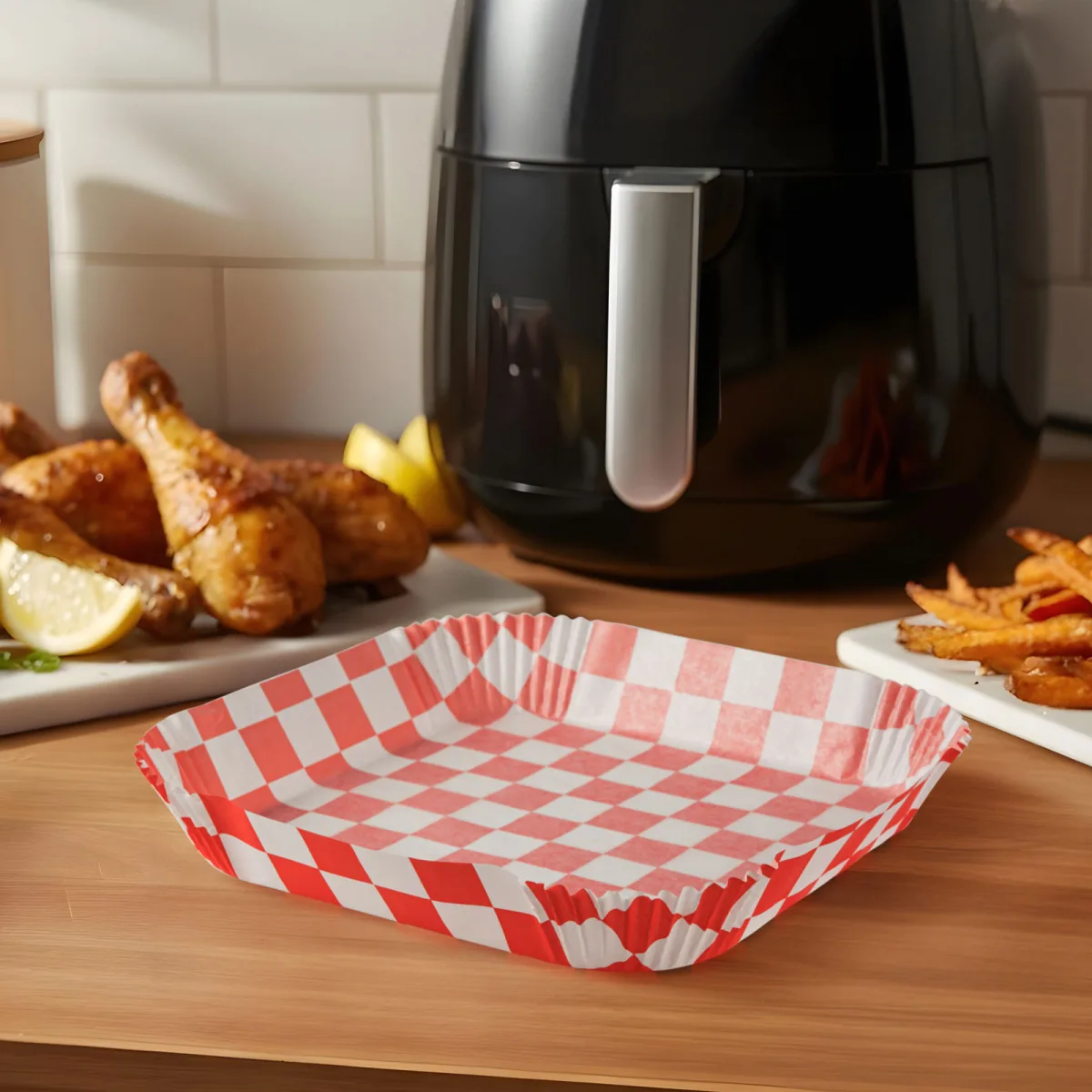 Hartie de copt air fryer patrata 20x20 cm, 50 buc, antiaderenta, rezistenta 220°C, model carouri