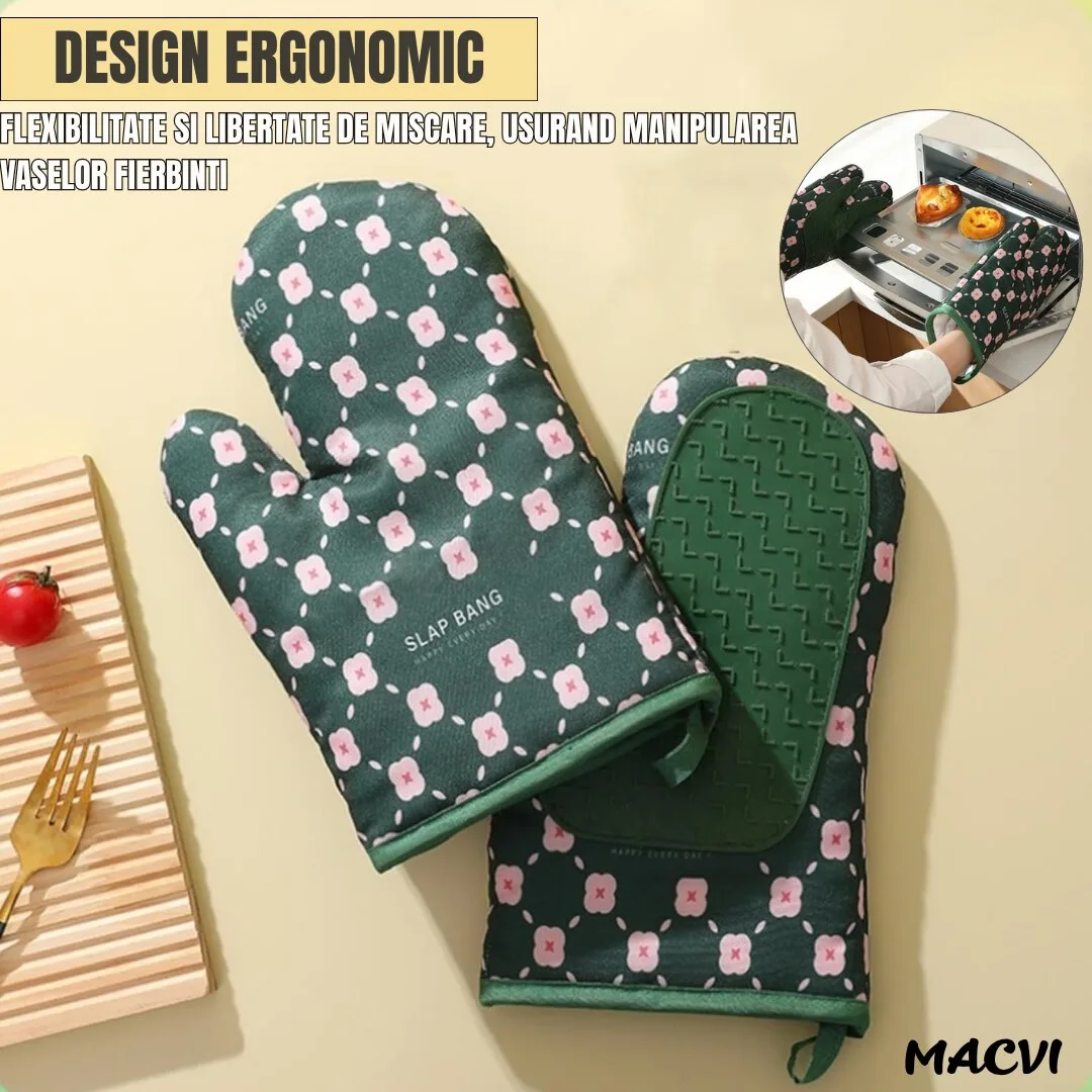 Set 2 manusi pentru cuptor sau gratar Macvi®, rezistenta pana la 350°C, umplutura din lana, material textil si cauciuc, model verde - imagine 2