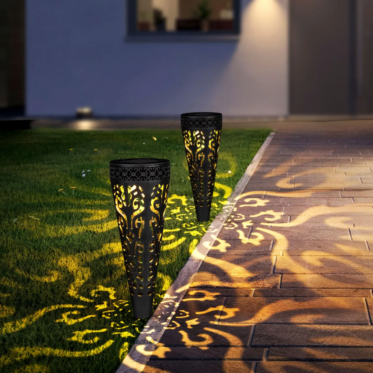 Lampa solara gradina LED alb cald, 28 cm, cu tarus, iluminat exterior decorativ