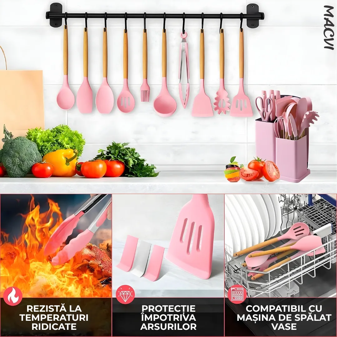 Set ustensile Macvi® bucatarie silicon premium 19 piese cu suport organizare cutite tocator linguri spatule fara BPA rezistente la temperaturi ridicate, Roz - imagine 2