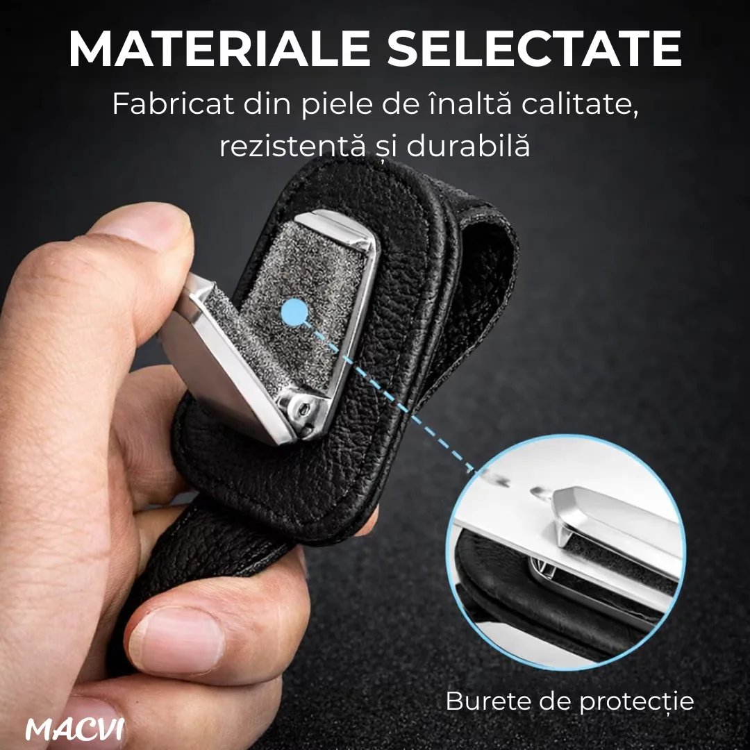 Suport ochelari auto Macvi®, prindere la parasolar, piele si aluminiu, 5x10 cm, negru - imagine 3