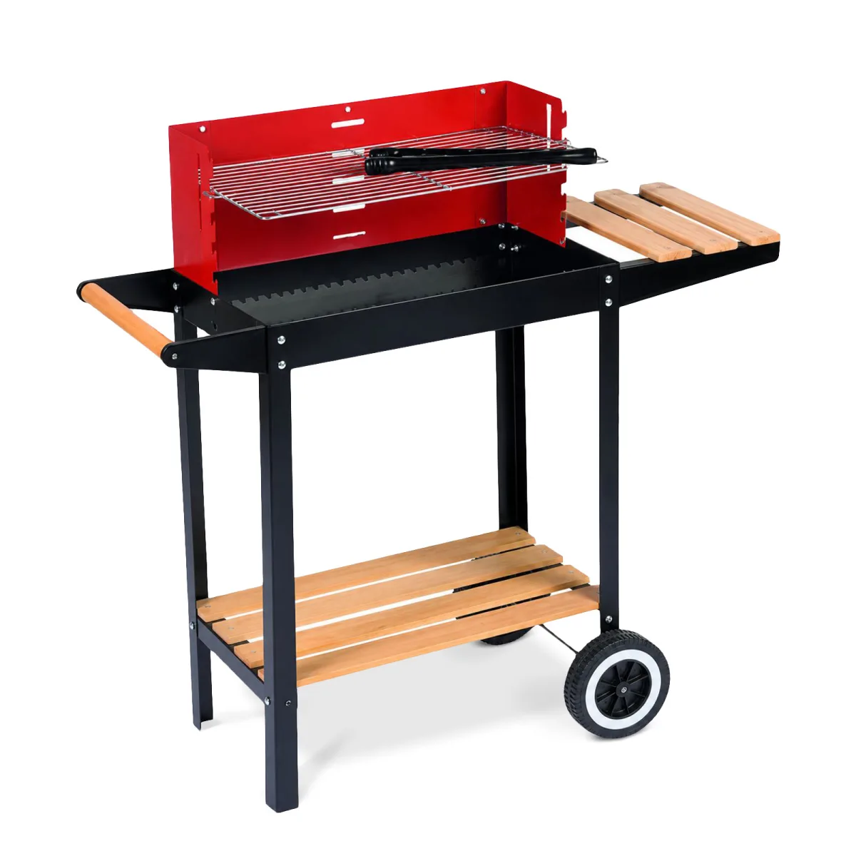 Gratar BBQ dreptunghiular cu roti si rafturi, metal si lemn, 83 x 28 x 83 cm